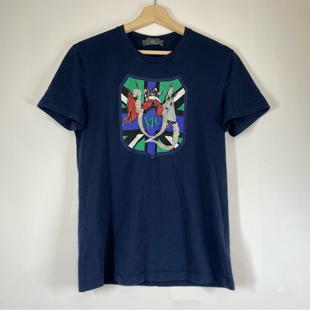 McQ by Alexander McQueen Navy Blue Horn Warrior Flag Print Embroidered Shirt XS